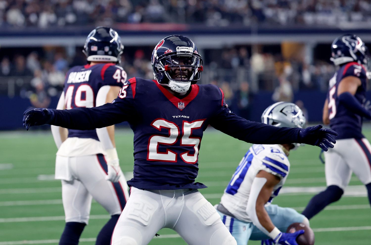 Texans cornerback Desmond King II reacts during the game against the Dallas Cowboys at AT&T Stadium.